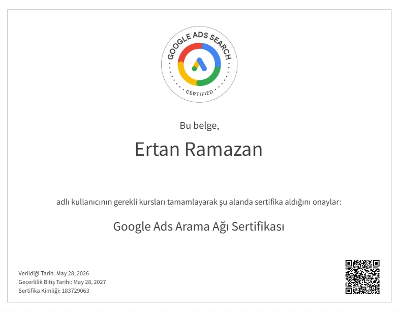 Ertan Ramazan adına düzenlenmiş Google Ads Arama Ağı sertifikası